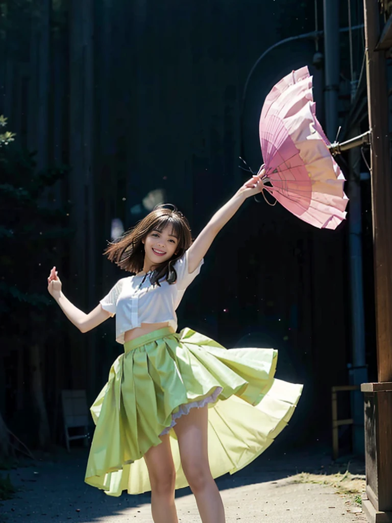 Colorful photograph, Uplifting, ((masterpiece, best quality, absurdres, 8K, super fine illustration, detailed eyes, beautiful face, light smile, shiny skin)), 1 young girl, Colorful top Idol, Smile full of happiness, whole body, good style, ((Idol costumes with 5 or more colors;1.5)), ((Idol costumes with lots of frills)), very cute idol costumes, colorful balloons, Many large and small soap bubbles, (Dancing dynamically;1.2), (kicking one leg high;1.2), ((Dancing on a gorgeous outdoor stage;1.4)), very luxurious stage, amazing gorgeous stage, ((extremely detailed Fluttery micro mini skirt, extremely detailed colorful skirt. micro mini Skirt very fluttering in the wind;1.4)), (((skirt is flipped up by the wind;1.5)))
