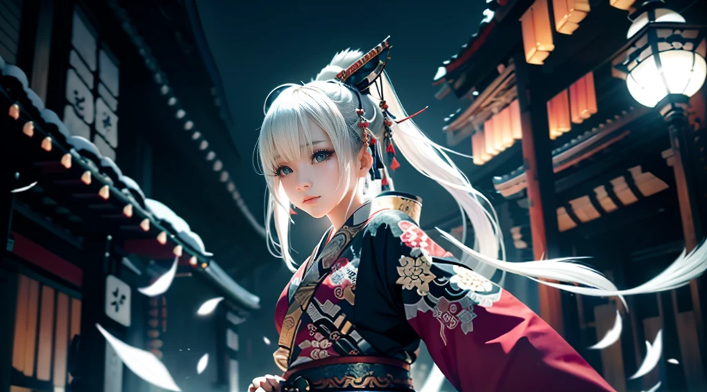 anime - style image of a short-white hair warrior woman, clothes only have white and black colour, samurai kimono, empty hand, white lotus, cry,, a character portrait, fantasy art, background is a winter japan mountain shrine, cyberpunk shrine maiden with fox ears and fox tails, dark white and bold red color, natural lighting, robot fox companions, fighting pose,​masterpiece, 1 beautiful girl, Detailed eye, Swollen eyes, top-quality, A high resolution, an Asian beauty, very extremely beautiful, Beautiful skins, A slender, Forward-facing body, (A hyper-realistic), (high resolution), (4K), (highly detailed),( Best Illustration), (beautifully detailed eyes), (ultra-detailed), Detailed face, Bright lighting, Professional Lighting, distance view,