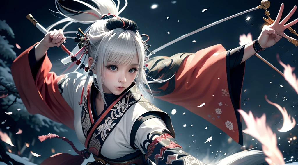 anime - style image of a short-white hair warrior woman, clothes only have white and black colour, samurai kimono, empty hand, white lotus, cry,, a character portrait, fantasy art, background is a winter japan mountain shrine, cyberpunk shrine maiden with fox ears and fox tails, dark white and bold red color, natural lighting, robot fox companions, fighting pose,​masterpiece, 1 beautiful girl, Detailed eye, Swollen eyes, top-quality, A high resolution, an Asian beauty, very extremely beautiful, Beautiful skins, A slender, Forward-facing body, (A hyper-realistic), (high resolution), (4K), (highly detailed),( Best Illustration), (beautifully detailed eyes), (ultra-detailed), Detailed face, Bright lighting, Professional Lighting, distance view,