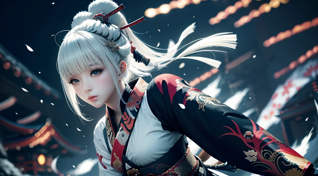 anime - style image of a short-white hair warrior woman, clothes only have white and black colour, samurai kimono, empty hand, white lotus, cry,, a character portrait, fantasy art, background is a winter japan mountain shrine, cyberpunk shrine maiden with fox ears and fox tails, dark white and bold red color, natural lighting, robot fox companions, fighting pose,​masterpiece, 1 beautiful girl, Detailed eye, Swollen eyes, top-quality, A high resolution, an Asian beauty, very extremely beautiful, Beautiful skins, A slender, Forward-facing body, (A hyper-realistic), (high resolution), (4K), (highly detailed),( Best Illustration), (beautifully detailed eyes), (ultra-detailed), Detailed face, Bright lighting, Professional Lighting, distance view,