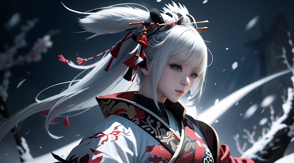 anime - style image of a short-white hair warrior woman, clothes only have white and black colour, samurai kimono, empty hand, white lotus, cry,, a character portrait, fantasy art, background is a winter japan mountain shrine, cyberpunk shrine maiden with fox ears and fox tails, dark white and bold red color, natural lighting, robot fox companions, fighting pose,​masterpiece, 1 beautiful girl, Detailed eye, Swollen eyes, top-quality, A high resolution, an Asian beauty, very extremely beautiful, Beautiful skins, A slender, Forward-facing body, (A hyper-realistic), (high resolution), (4K), (highly detailed),( Best Illustration), (beautifully detailed eyes), (ultra-detailed), Detailed face, Bright lighting, Professional Lighting, distance view,