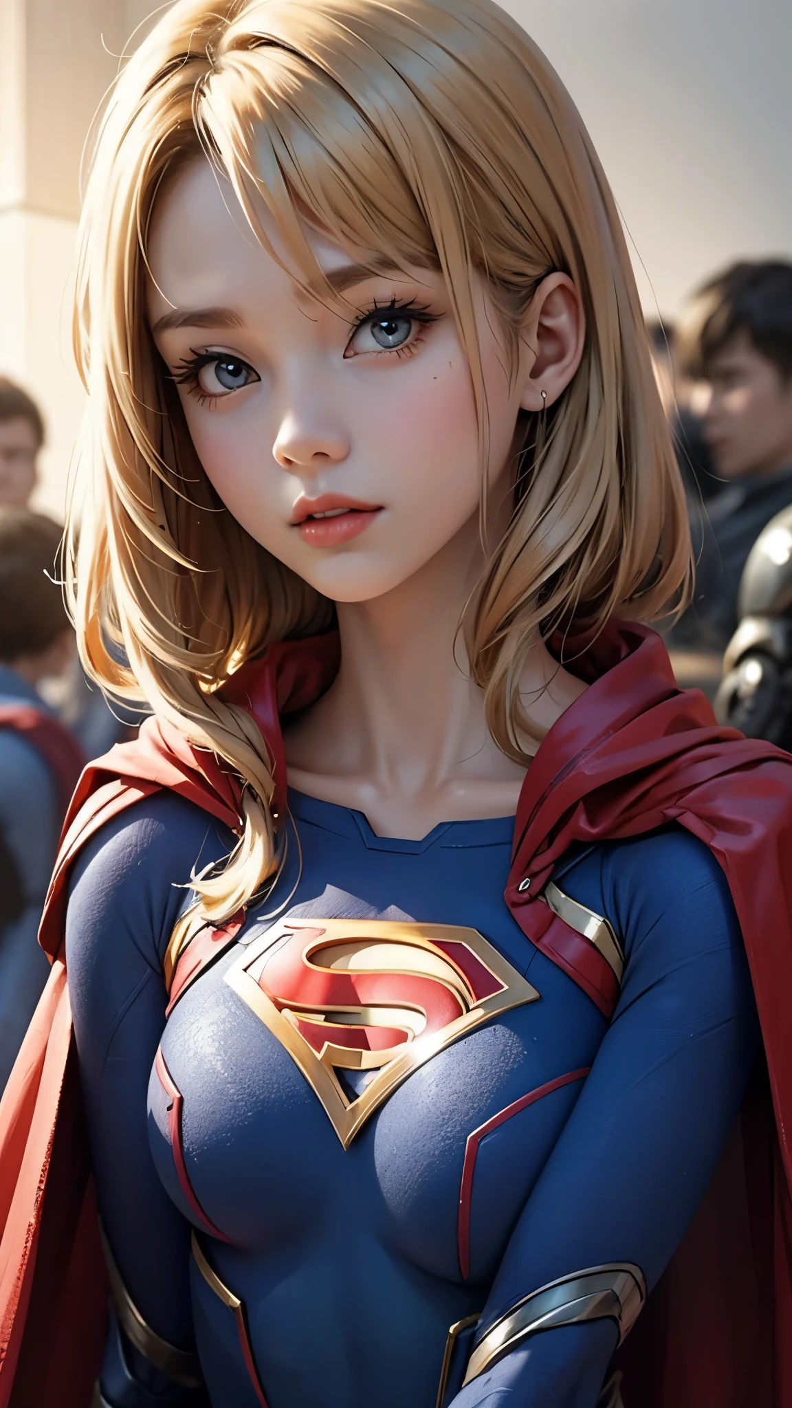 Supergirl、woman、22 years old、woman体型、Large Breasts、Blonde、Mechanical Suit、Upper Body、