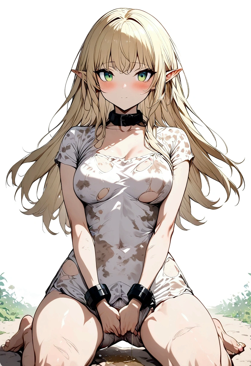 Anime. 1 girl. Elf. . Slave. Blonde. Long hair. Green eyes. Beautiful eyes. Slave collar Shackles. Dirty tunic. Torn tunic. Dirty panties. Torn panties. Urinary incontinence. I need to pee. I really desperately want to pee. She pees under herself. She pees in her panties. She peed herself. Urine drips down my thighs onto the ground. Hands on crotch. He squeezes his crotch tightly. Ultra detailed. Best quality. Detailed face. Anatomically perfect body. Standing at full height. A high resolution.
