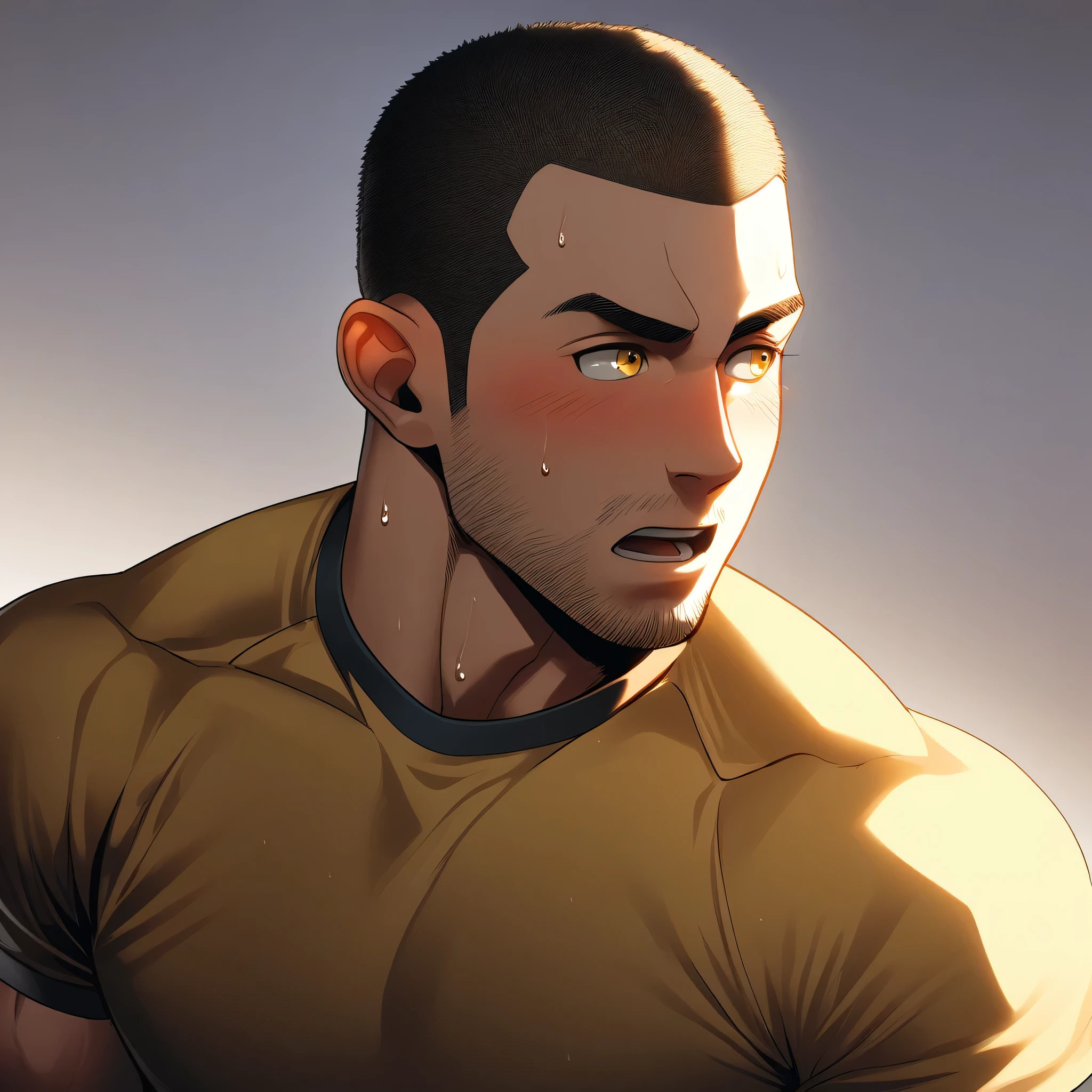 1muscular sportsman, male focus, Buzz Cut, Yellow and black tight T-shirt, Very tight, muscular male, muscular, only, Upper body, alone, look to the side, short hair, stubble, sweat, black hair, Yellow eyes, open lips, White background, simple background, amazing quality, best aesthetics, Ridiculous, crew cut, moaning, blush, chiaroscuro, cinematic lighting, best quality, textured skin