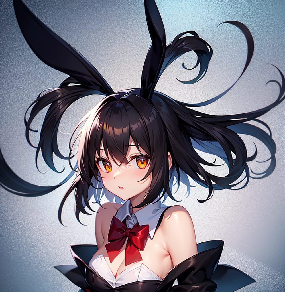 (Bunny girl),Red bow tie,Cute little ,Tiny ,Small girl,,Childish face, Very fine clean face,Top quality,Black Hair,(Dark Room), Subtle light, Natural light,Soft lighting,Light from directly behind, (Are standing),With bust up,Front view,Black background