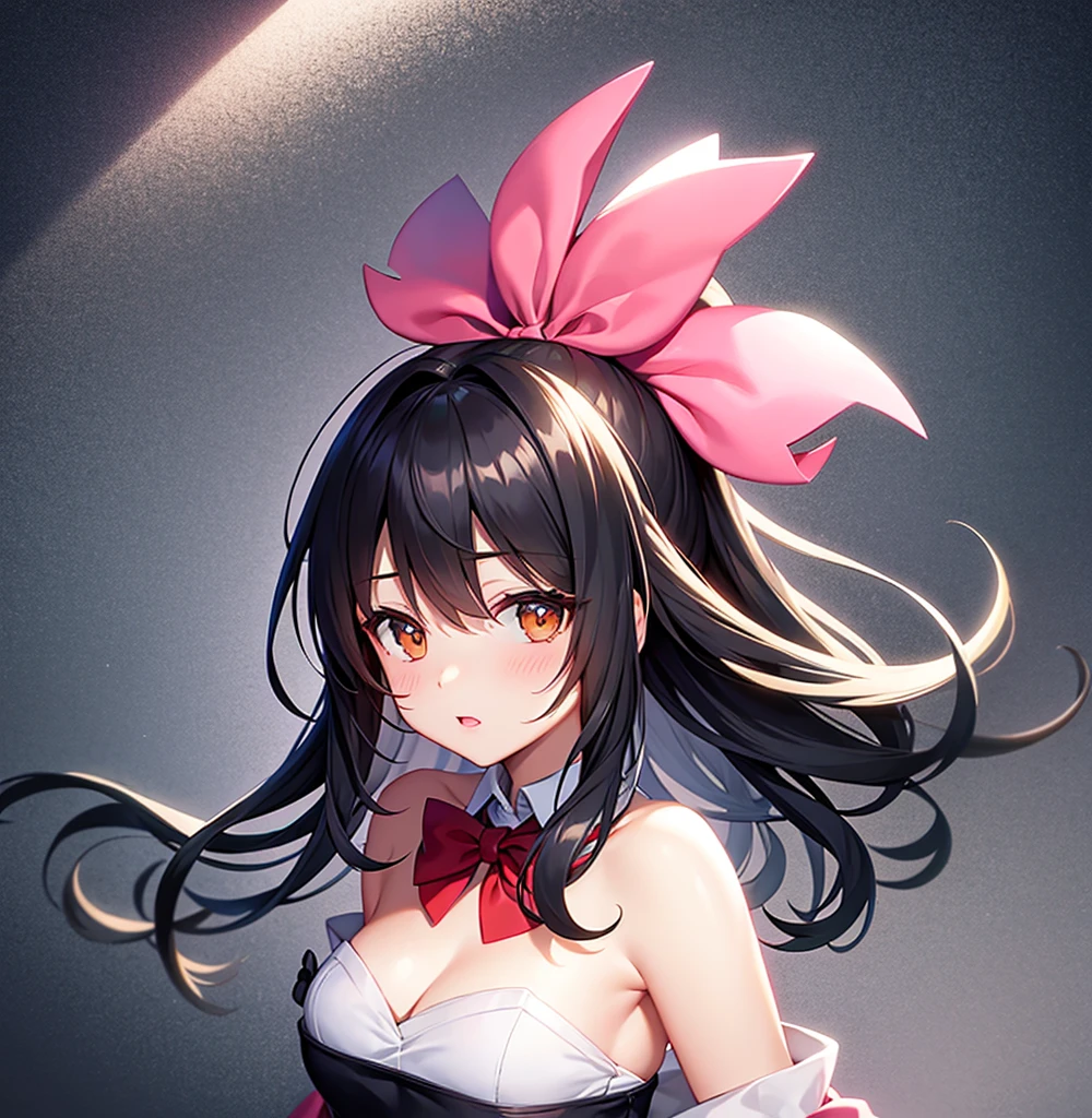 (Bunny girl),Red bow tie,Cute ,Tiny ,Small ,Childish face, Very fine clean face,Top quality,Black Hair,(Dark Room), Subtle light, Natural light,Soft lighting,Light from directly behind, (Are standing),With bust up,Front view,Black background