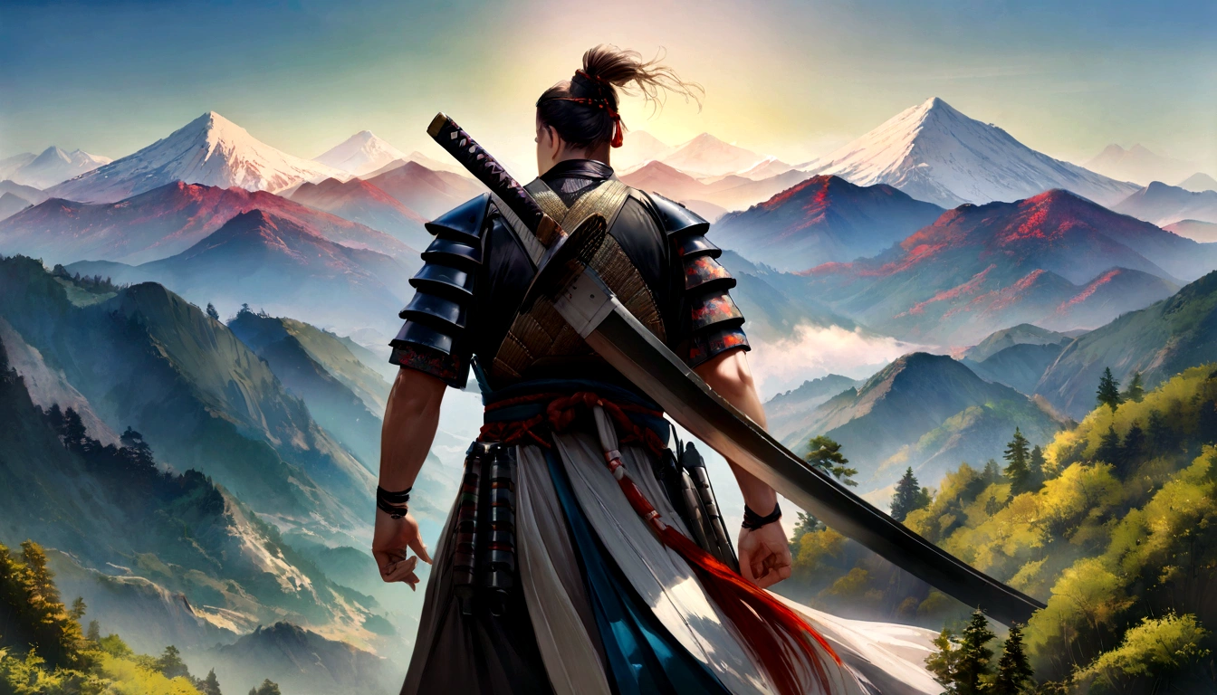 Masterpiece, best quality, (very detailed CG unit 8k wallpaper) (best quality), (best illustration), (best shadows) (male), sekiro on top of a cliff, looking at Ashina castle, feudal Japan, Ray tracing, sinister environment, ultra detailed, --v6