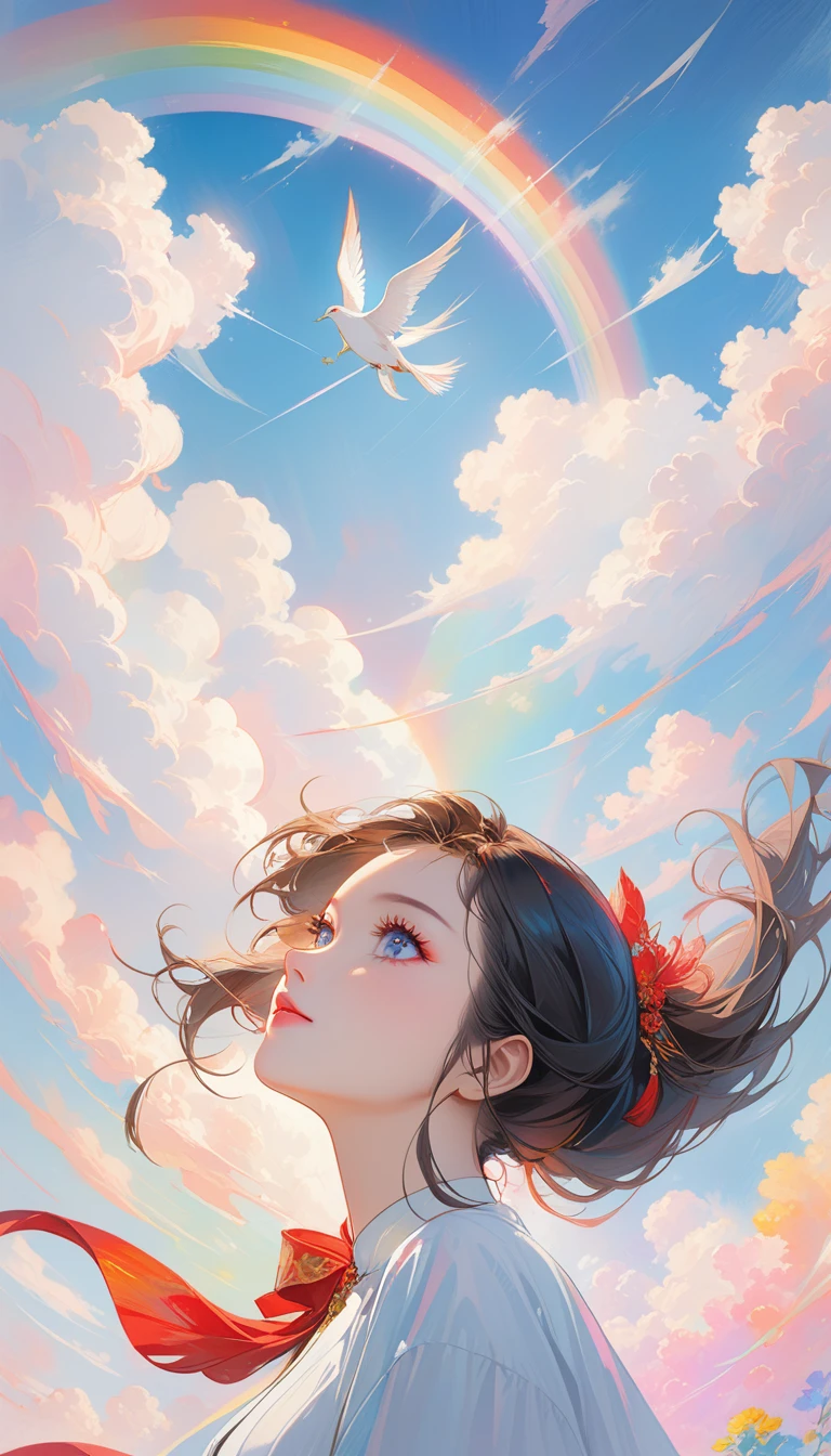 Chinese woman, Close-up of face, Soaring female figures **** Ribbon, smokes, in the sky, Vibrant colors, Mysterious colors, Modern Impressionism, portraiture Yanjun Cheng, Rainbow painting, 3/4 Perspective, Cute face, Low Angle, Wide Rotation Composition, Large target, Beautiful crystal eyes, Large target iris, Ultra HD, Human Development Report, 8,000, (masterpiece: 1.5), (The most beautiful portraits in the world: 1.5)