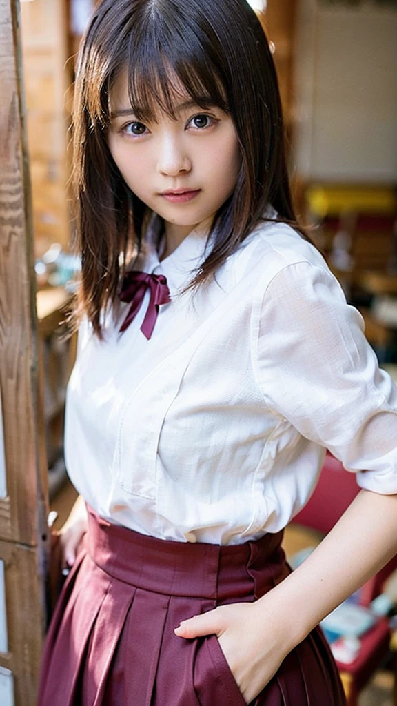 Photo-realistic quality、A woman in a white blouse is holding a golf club, Japanese girls uniform, Cute school girl, Realistic young gravure idol, Young and cute gravure idol, High school girl posing, Surreal , Young and skinny gravure idol,Girl wearing short-sleeved blouse, Japanese Model、Sheer white blouse