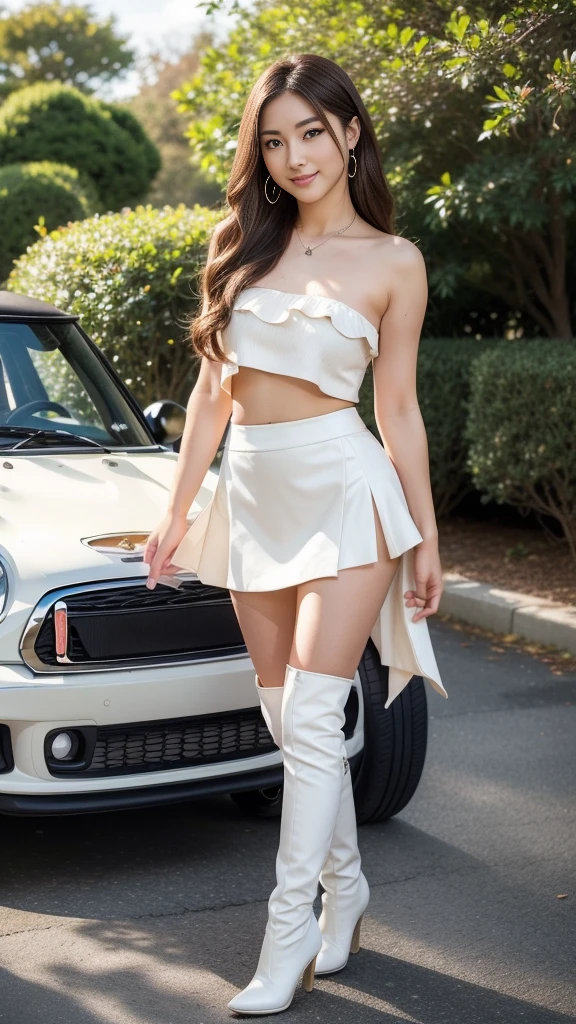 (Brown layered wavy hair),Heavy makeup、(18 year old,two females,Japanese):1.2、8K, Seductive smile,tall:1.4、a small face、Nikon Z 85mm, ((Best Quality)) ,((masterpiece)), intricate detailes, Professional, Realistic, Photorealistic、 ((Strapless,Baretop midriff,Sexy mini skirt)):1.2、(Walking in the park):1.2, large earring、(White Stretch knee boots with high stiletto heels、Pointed toe):1.2、Full body shot
