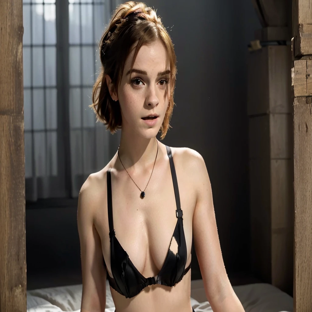 Arafed woman in a black bra top and black panties, photo of Emma watson in swimsuit, Emma watson wearing a swimsuit, Emma Watson as driada, Emma watson, movie still of Emma watson, film still of Emma watson, Emma!! watson!!, karol bak of Emma watson nun, Emma watson in bed, tiny black bra, Emma watson is harley quinn