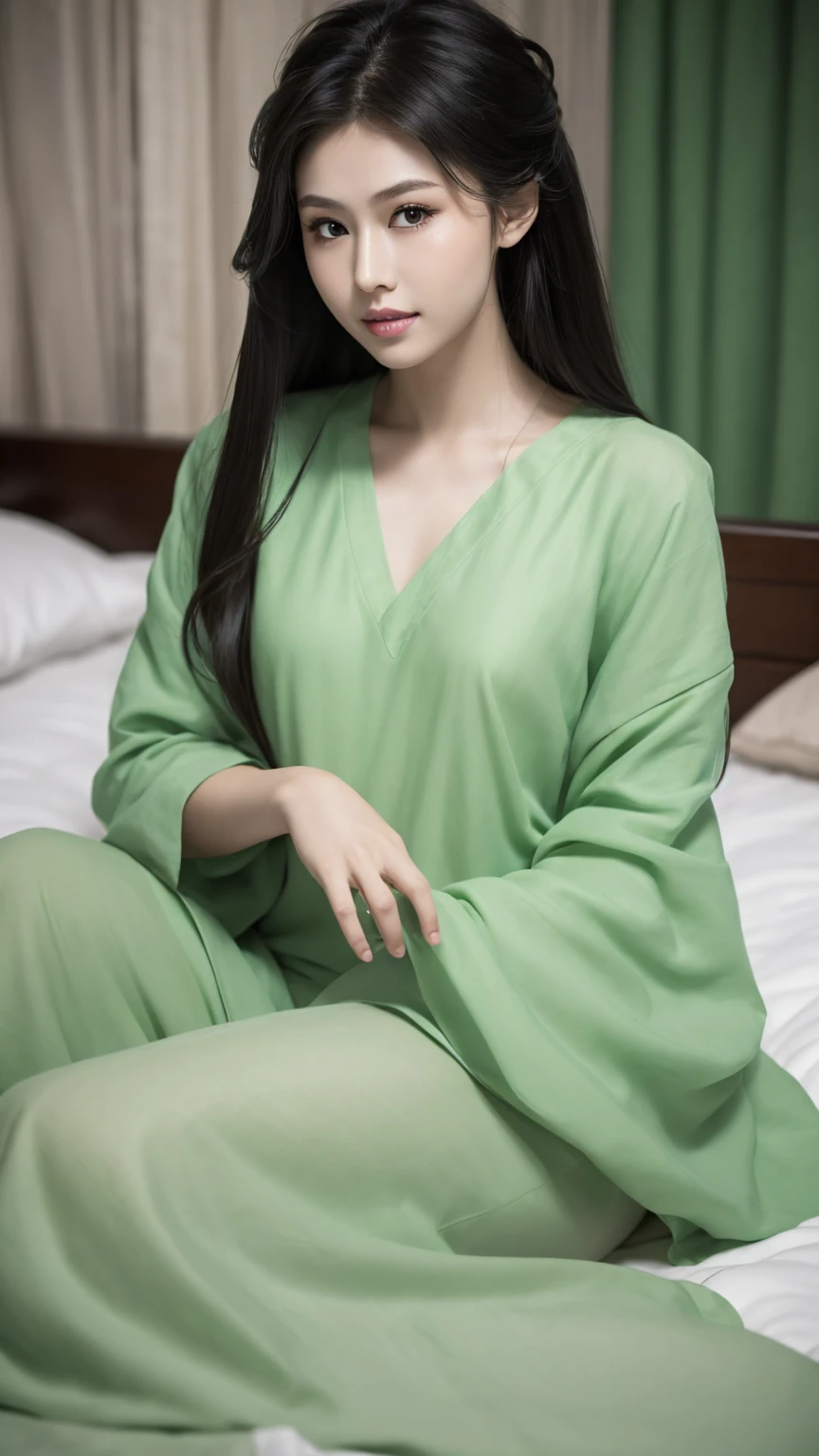 1 fashion model 18 years old [[[[close up]]]], [[[[neck]]]], [[[[Shoulder]]]], Perfect eyes, Perfect Iris，Perfect lips，Perfect Teeth，Perfect skin，White skin，Soft headlight，High-density imaging，Black long hair，（Clean and delicate face），((Simple light green casual wear))，((night))，((Various dynamic poses))，((The background is the bedroom))，best quality，masterpiece，（Soft colors：1.2）