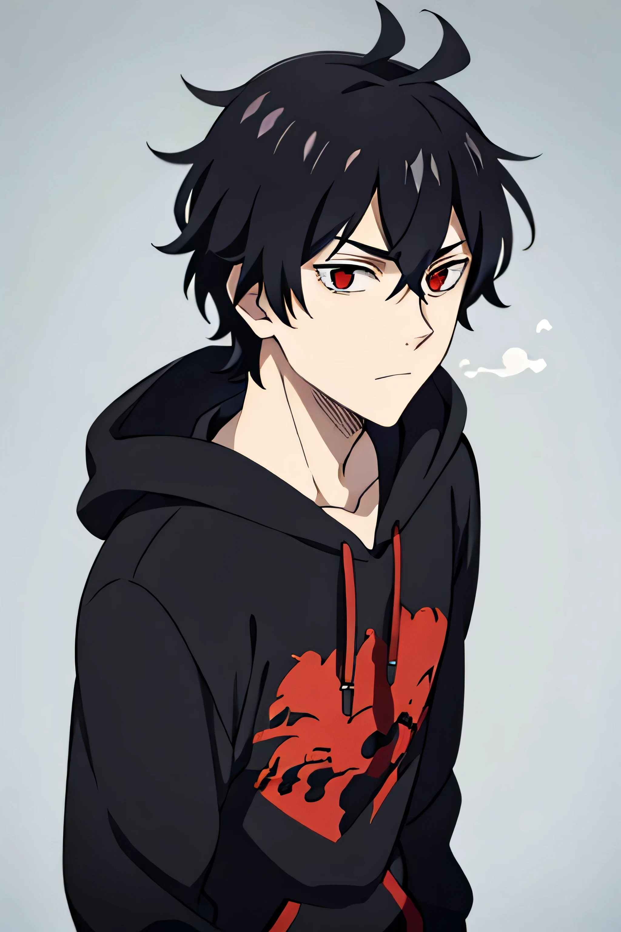 black earling, 1boy, teenage, black hair, red eyes, short haircut, ahoge, cowlick, black hoodie, messy bangs, pale skin, skinny