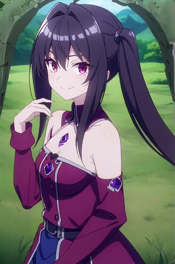 Blackberries girl,long dark purple hair,twintails,wicked smile,Iris flower on her hand,blackberries on hair,very cinematic,deep pure forest background