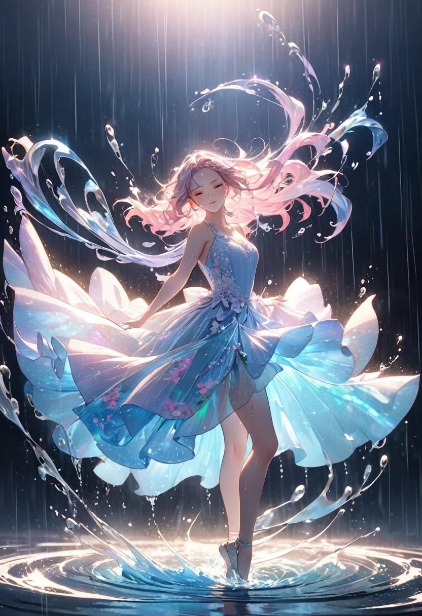 

           ( perfect  ) 美麗且極其細膩的質感  rain中的動漫女孩 美麗完美的臉     一個穿著連衣裙(Holographic fabric)  Full body photo of woman dancing on water, Wearing a dress, standing and dancing in the swirling water splash, blue light, swirling water splash, wet hair, 

           rain,rain中 柔软光滑，A variety of masterpieces in vibrant and pastel shades, Fantasy and magic concept art with highly detailed lighting effects，Let people feel the magic and power of nature in dance,

                dramatic lighting, Highly detailed HD cinematic close-up water magic fantasy gorgeous digital art