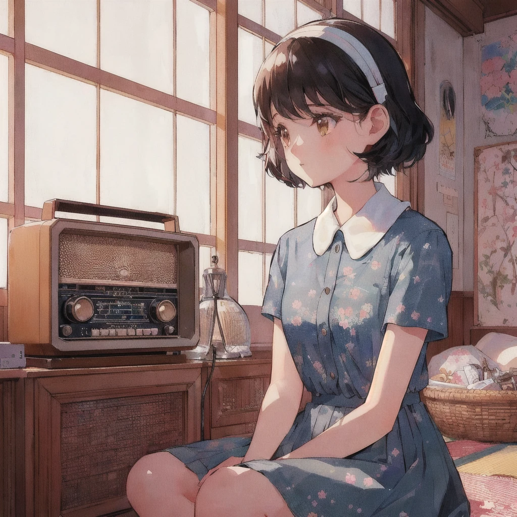 Anime girl listening to an old radio in her room,praise girl, Retro Anime Girls, praise art, praise artstyle, praise, praise portrait, praise girl aesthetic, praise feel, Vintage Girl, praise album art, praise colors, Retro Anime Images, praise technology, praise vibes, praise vibe