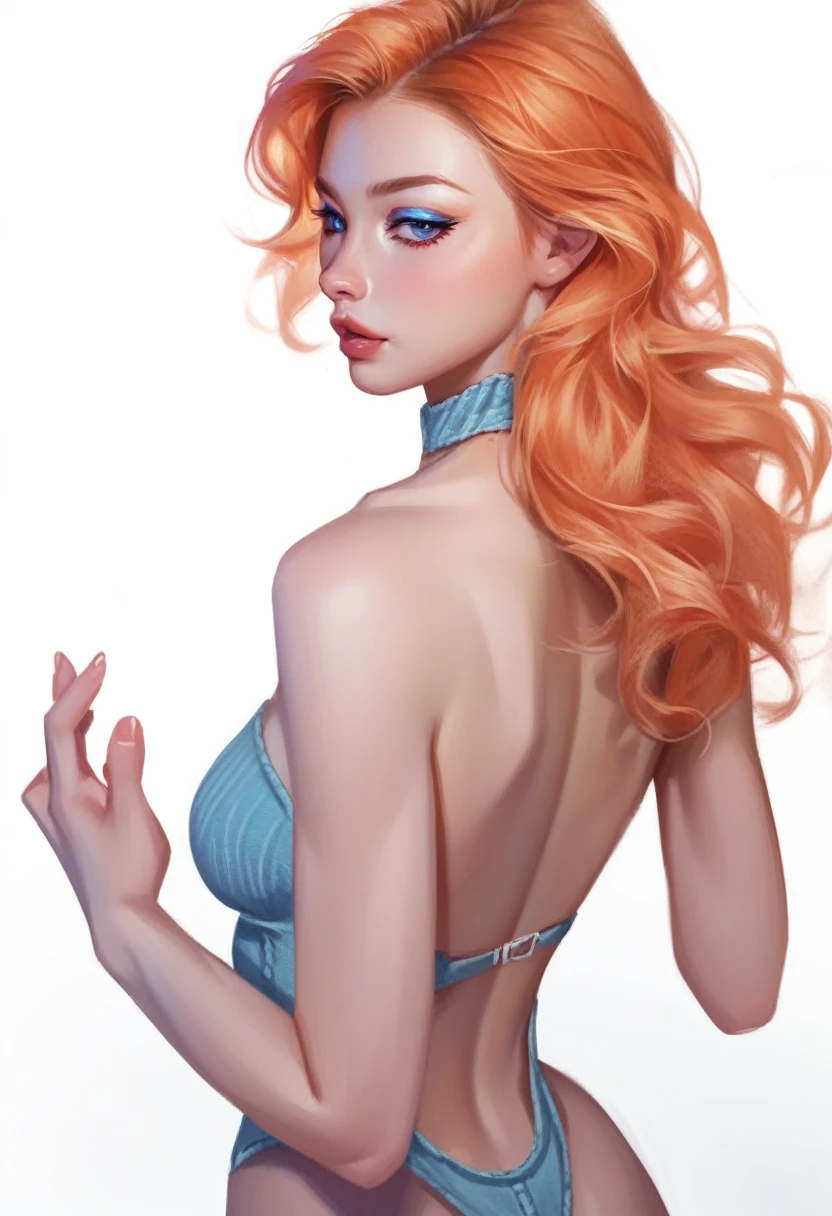 fuzzy, traditional art, Liu2, brush texture, check_9, check_8_up, check_7_up, 1 girl, orange hair, up to the shoulder blades, straight hair, long hair, Blue eyes, Plump lips, Long eyelashes, half-closed eyes, adult, beautiful make-up, big breasts, blue eyeshadow, Looking at the viewer, BREAK solo, standing, adult, skinny, high leg, arched back, hip gap, BREAK (White background:1.2), simple background, dynamic pose, dynamic angle, Corner shot, casual wear, Beautiful anatomy, perfect hands, High-quality fingers, good hands, high detail, detailed art