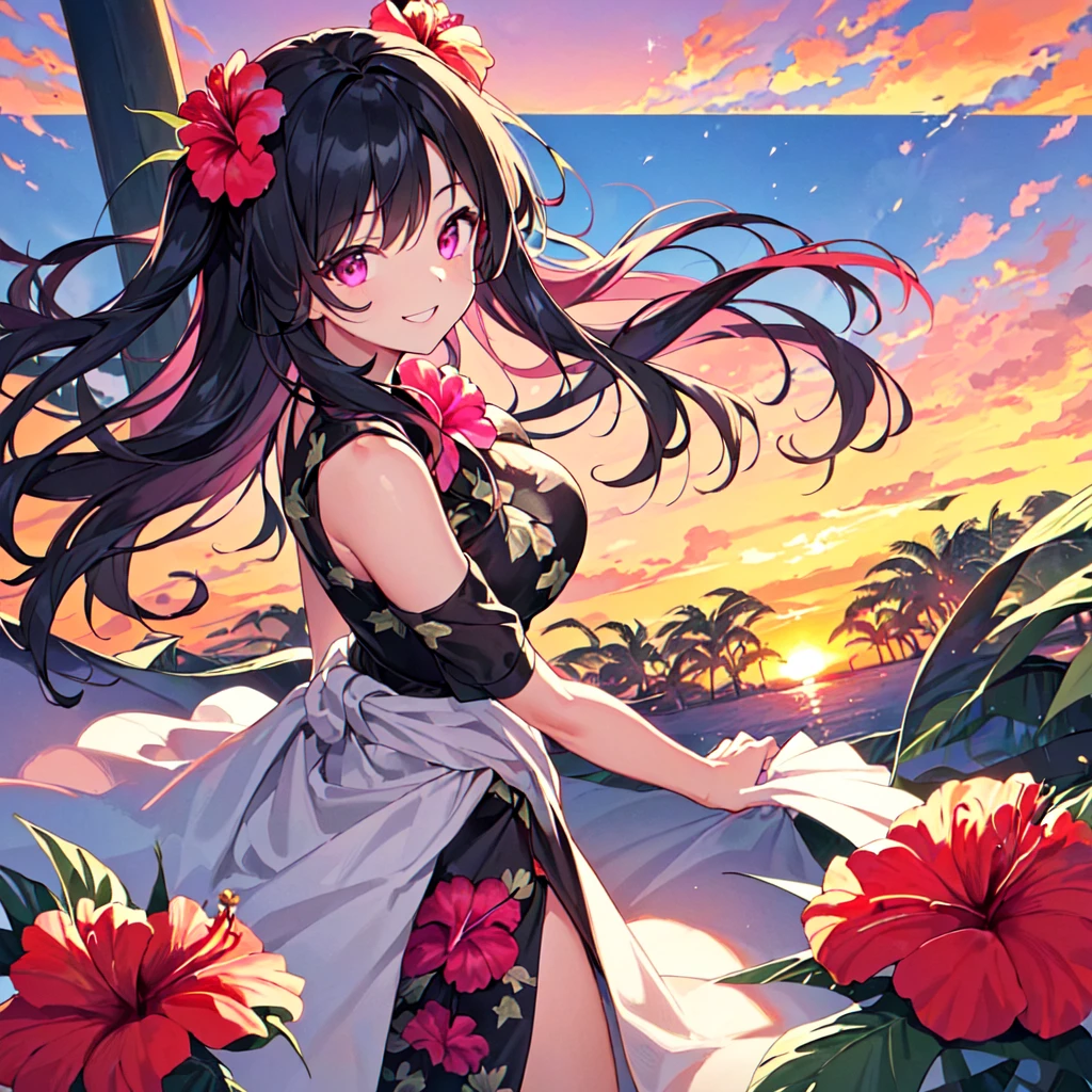 masterpiece, best quality, high quality, extremely detailed, very delicate and beautiful, (1 female 18 years old solo:1.5), (long black hair up to waist with two side up:1.5), bangs to eyebrows, eyes (eyes sharp and strong with glossy glossy eyes, eyebrows glossy, (eye color magenta:1.3), 6.5 head height, (long dress with hibiscus print:1.3), (standing), (smiling), (dynamic pose), (background tropical and hibiscus:1.3), (sunset:1.3)