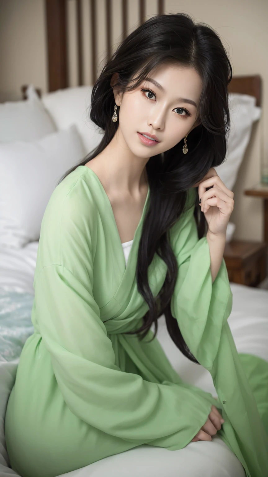 1 fashion model 18 years old [[[[close up]]]], [[[[neck]]]], [[[[Shoulder]]]], Perfect eyes, Perfect Iris，Perfect lips，Perfect Teeth，Perfect skin，White skin，Soft headlight，High-density imaging，Black long hair，（Clean and delicate face），((Simple light green casual wear))，((night))，((Various dynamic poses))，((The background is the bedroom))，best quality，masterpiece，（Soft colors：1.2）