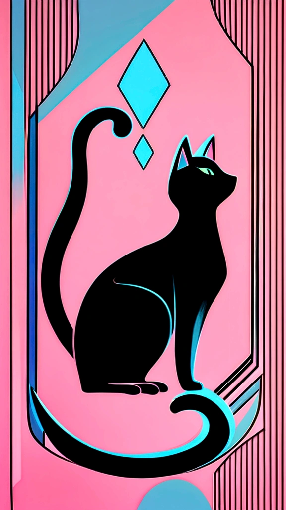 Cat in art, Main color Black, Secondary color cyan, Pastel pink background, artistic, Sophisticated, Warm style, Shapes include abstract cats, Playful forms, Elegant piece, Textures include fur textures, Smooth paint, Fabric texture, The lines contain graceful lines, Natural curves, Delicate silhouette, The shape is elegant, approachable, Expressive, Aesthetic.