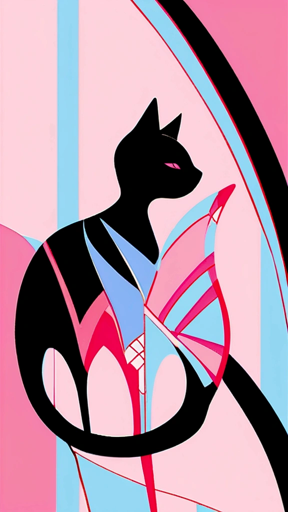 Cat in art, Main color Black, Secondary color cyan, Pastel pink background, artistic, Sophisticated, Warm style, Shapes include abstract cats, Playful forms, Elegant piece, Textures include fur textures, Smooth paint, Fabric texture, The lines contain graceful lines, Natural curves, Delicate silhouette, The shape is elegant, approachable, Expressive, Aesthetic.