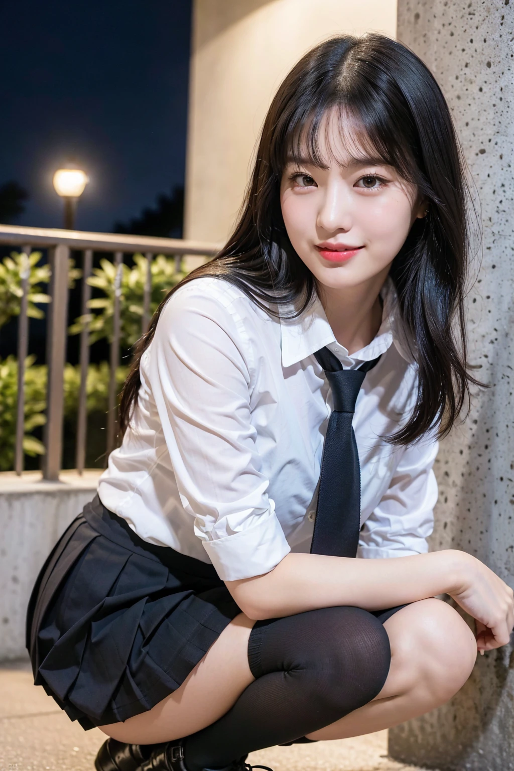 (8K), (highest quality: 1.2), (realistic), (realistic: 1.37), ultra high resolution, (1 girl, cute, smile, closed mouth, thick lips,red lip,beautiful details, beautiful nose, (straight black hair), giant dulcefo, self snap,(school uniform),white shirt,tie,pleated skirt,(black knee high socks),Squatting in the city at night, From above,close up of face,