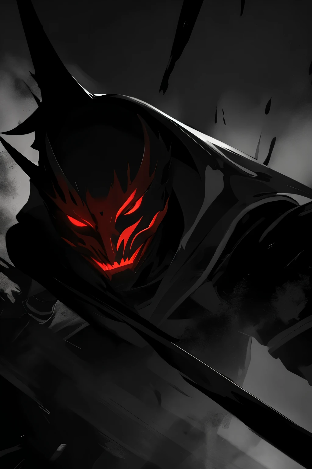 NEX Apex man, masked, red aura, murderous, mysterious and dark, with chaotic scenery