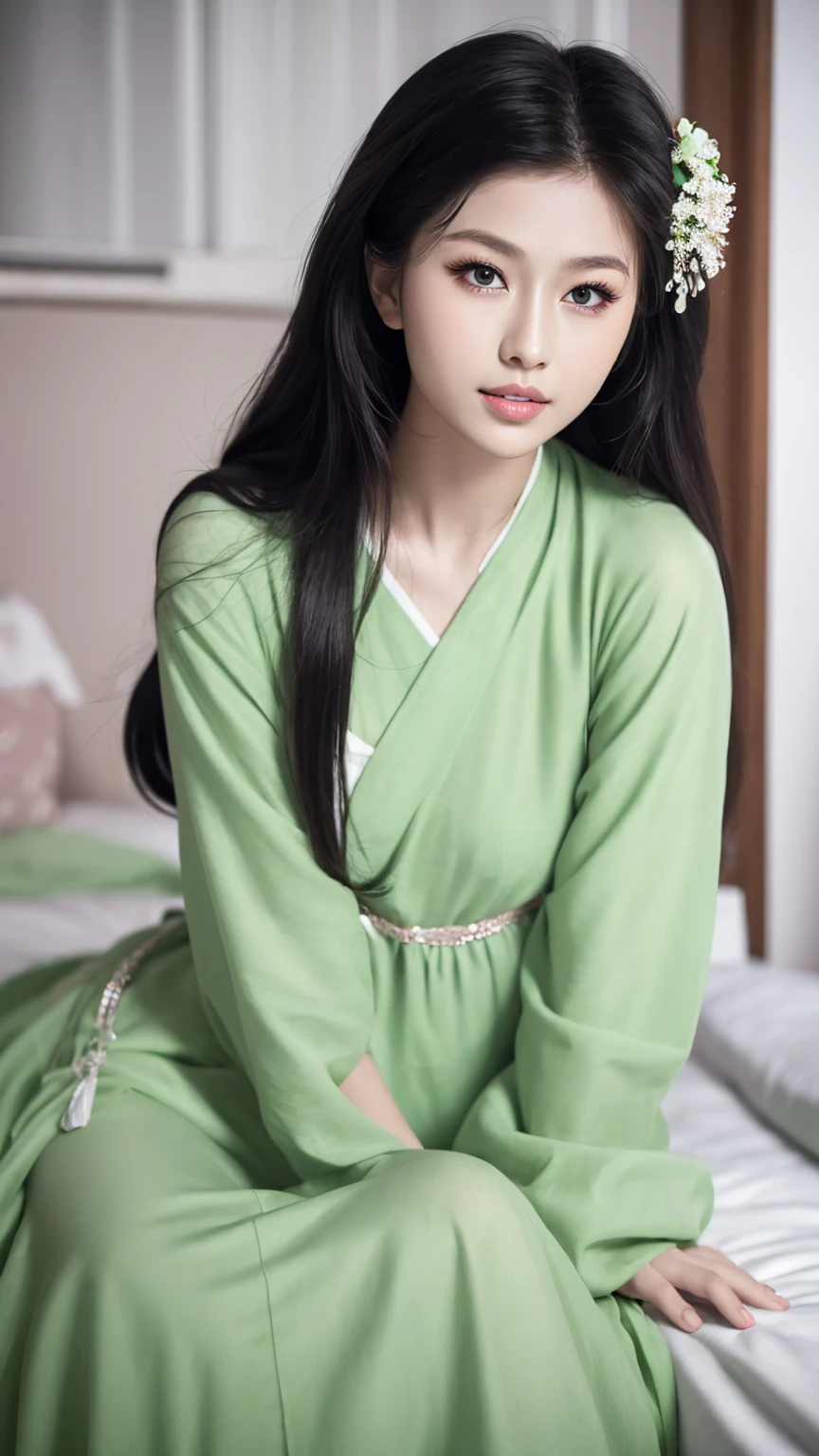 1 fashion model 18 years old [[[[close up]]]], [[[[neck]]]], [[[[Shoulder]]]], Perfect eyes, Perfect Iris，Perfect lips，Perfect Teeth，Perfect skin，White skin，Soft headlight，High-density imaging，Black long hair，（Clean and delicate face），((Simple light green casual wear))，((night))，((Various dynamic poses))，((The background is the bedroom))，best quality，masterpiece，（Soft colors：1.2）