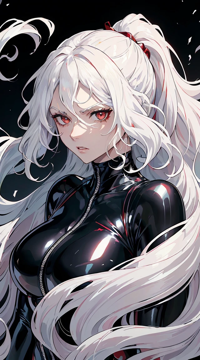 handsome older WOMAN,crimson-eyes,crimson pupils,Long white hair,Hyperresolution,accuracy,Detailed rendering,(Subtle facial image)(Image of fine hair)(topquality)(Masterpieces of masters)(High degree of completeness)(A sense of atmosphere)tmasterpiece,Super detailed and super detailed(half-body portrait), long wavy white hair, (((tHICK WAVY HAIR)))(((ANKLE LENGTH HAIR))) (((Sakimichan))) (((white hair))) (((Latex black fight outfit))) (((Hair in ponytail))) (((fierce expression))) (((skinny))) (((Latex black fight suit)))