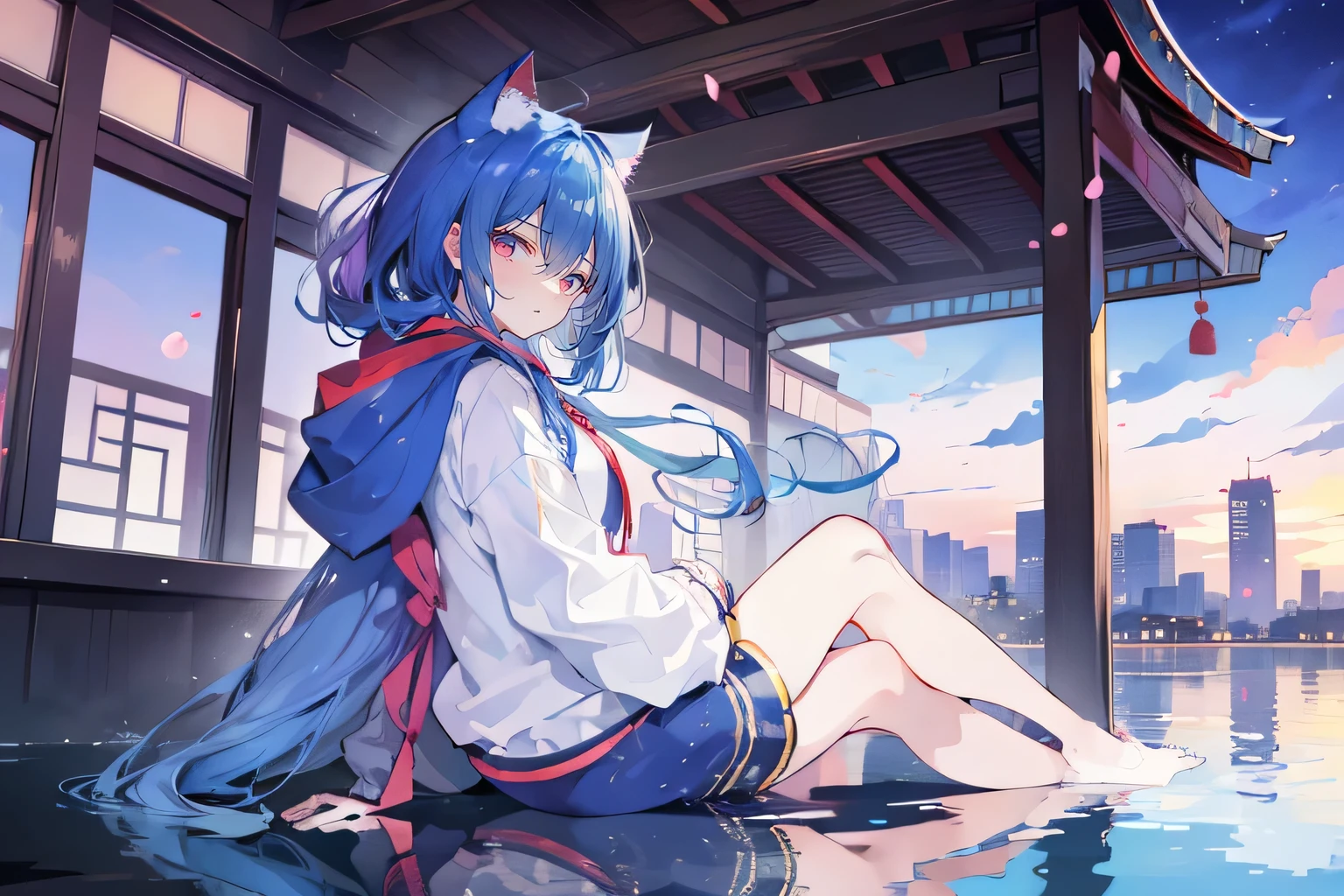 （masterpiece：1.2），Super detailed，lifelike，Expressive eyes，fair skin，perfect face shape，1 girl，
Japanese comics,Gorgeous blue hair,flowing blue hair,flowing clothes,Cat ears,Petals fall,beautiful lola,Baby Angel,
Shaking head with one hand，Cross your legs，Gentle and peaceful background，The pavilion is cool and comfortable,smile, wearing hoodie, background of tokyo,back views, winter,lie on the water。