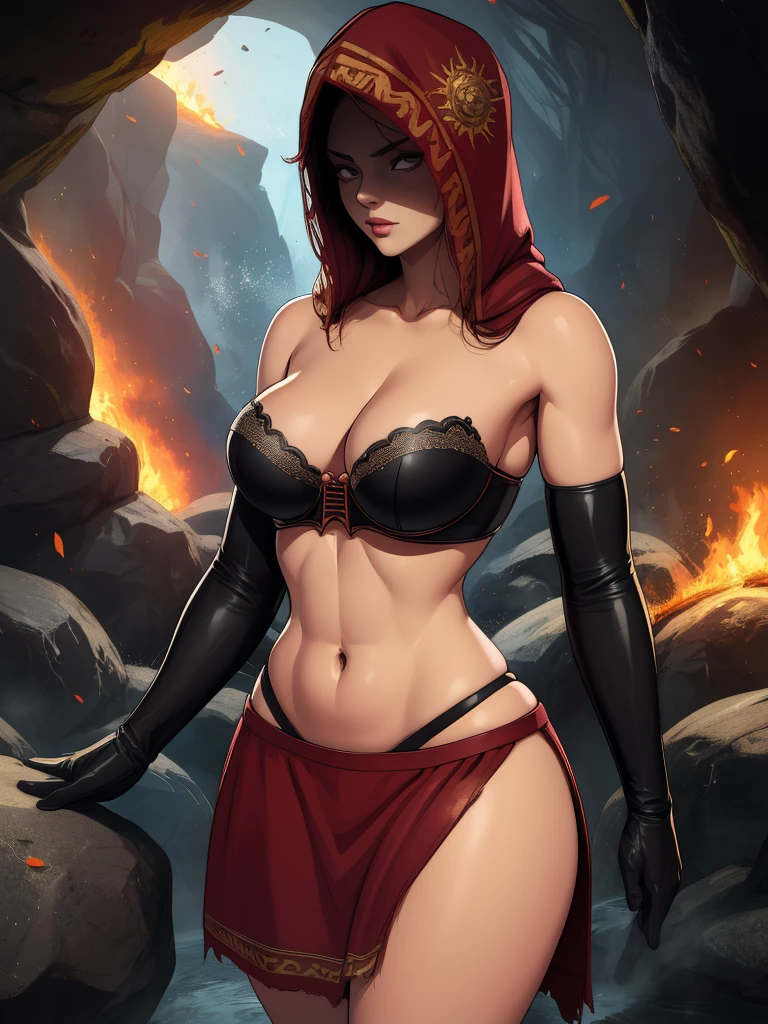 Dsorceress, shadowy face,dark cave, fire, hood, shadowed face, strapless bra, slim and athletic body, microskirt, no panty, elbow gloves, dark skin, 1 girl (insanely detailed, masterpiece, best quality)