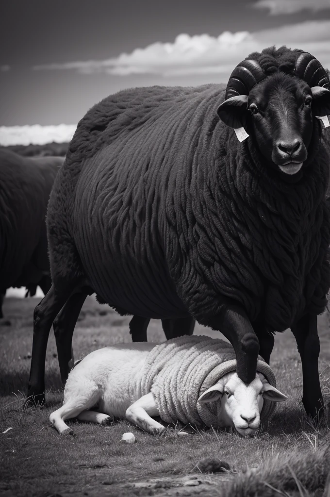 old photo style black and white, sheep, dead, on the ground, blood, 8k