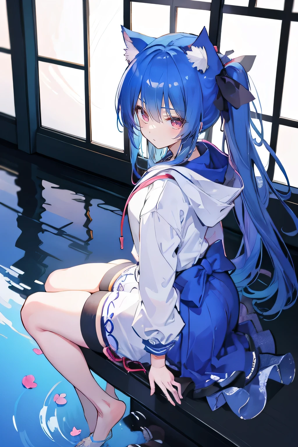 （masterpiece：1.2），Super detailed，lifelike，Expressive eyes，fair skin，perfect face shape，1 girl，
Japanese comics,Gorgeous blue hair,flowing blue hair,flowing clothes,Cat ears,Petals fall,beautiful lola,Baby Angel,
Shaking head with one hand，Cross your legs，Gentle and peaceful background，The pavilion is cool and comfortable,smile, wearing hoodie, background of tokyo,back views, winter,lie on the water。
