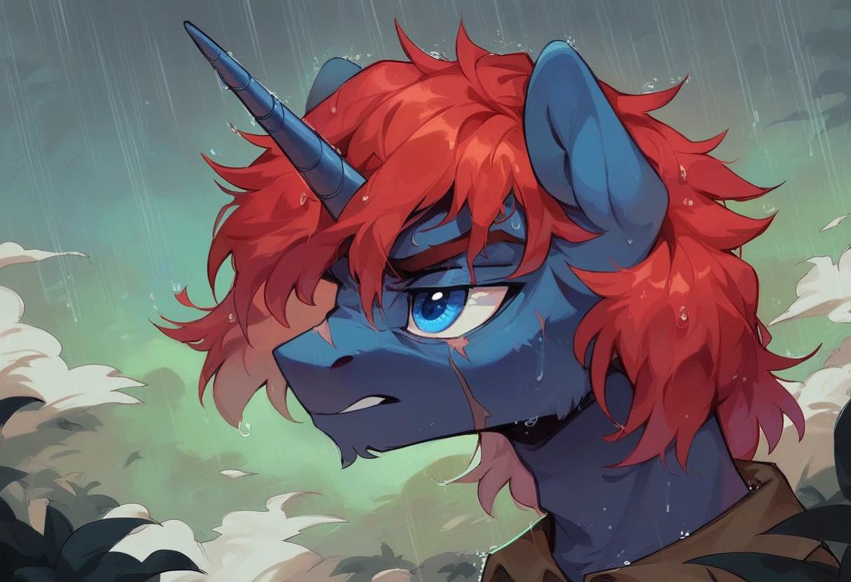 Male alicorn pony, black fur, long red hair, deep blue eyes, red feathers on wings, scar over left eye, red striping, vietnam-era helicopter pilot uniform, boonie hat, in a swamp, explosion in background, raining, wet hair, thousand-yard stare, close-up portrait 