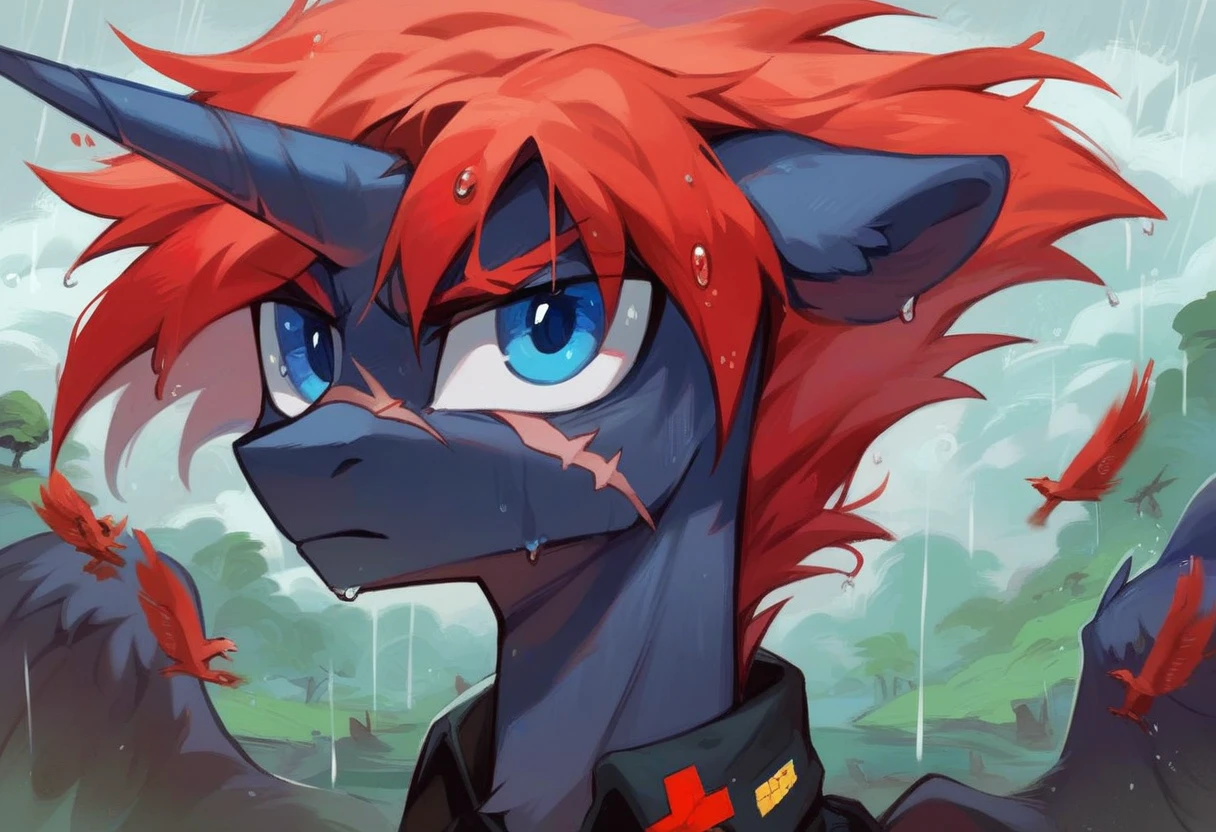 Male alicorn pony, black fur, long red hair, deep blue eyes, red feathers on wings, scar over left eye, red striping, vietnam-era helicopter pilot uniform, boonie hat, in a swamp, explosion in background, raining, wet hair, thousand-yard stare, close-up portrait 