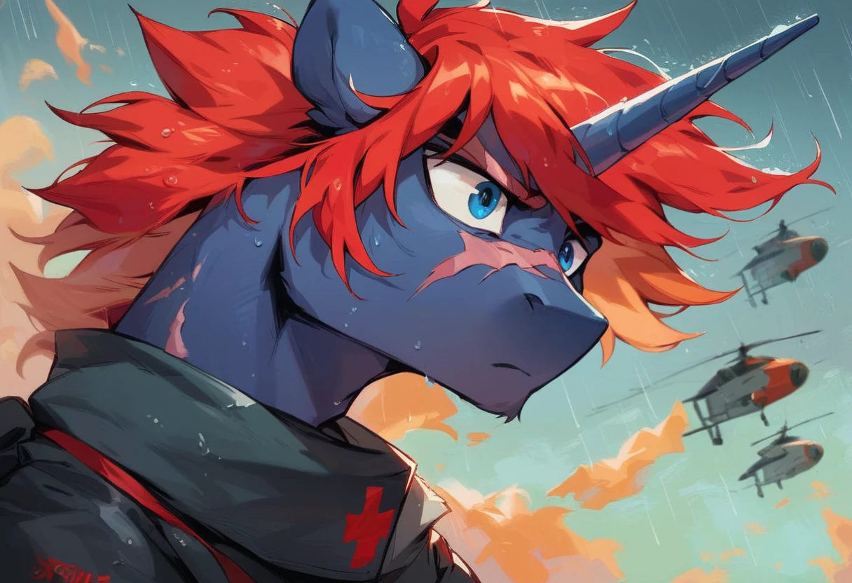 Male alicorn pony, black fur, long red hair, deep blue eyes, red feathers on wings, scar over left eye, red striping, vietnam-era helicopter pilot uniform, boonie hat, in a swamp, explosion in background, raining, wet hair, thousand-yard stare, close-up portrait