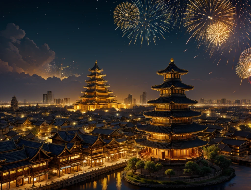 golden city, night, downtown, chinese big castle, HDR, 4k resolution, golden moon, golden cloud, firework, big river, mystical artwork, traditional artistry