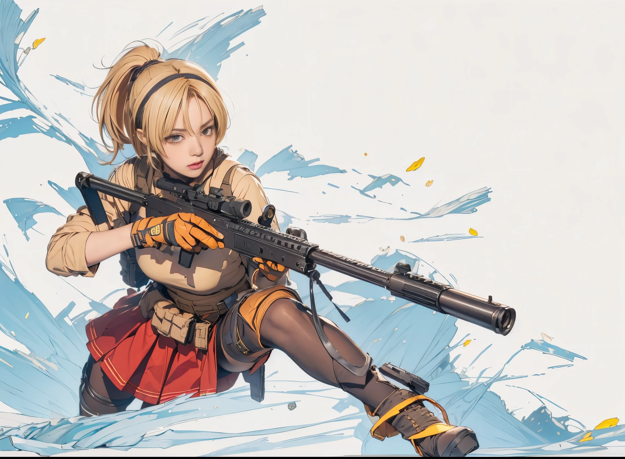 Elaizaikedareal, 1girl, solo, short hair, skirt, blonde hair, red eyes, gloves, ponytail, weapon, pantyhose, hairband, boots, holding weapon, gun, black pantyhose, rifle, one knee, sniper rifle, scope, shell casing