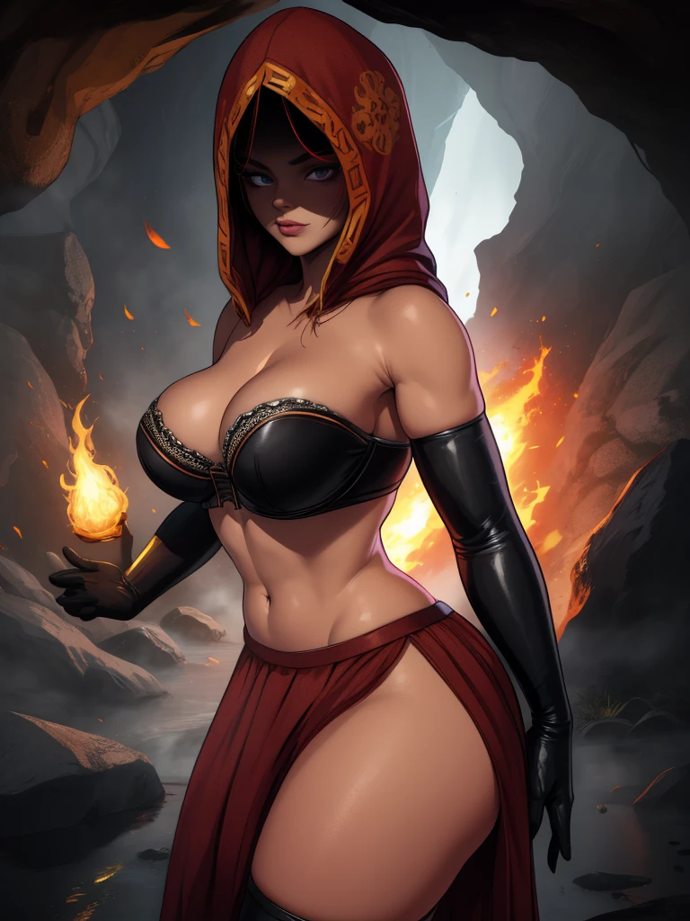 Dsorceress, shadowy face,dark cave, fire, hood, shadowed face, strapless bra, slim and athletic body, microskirt, no panty, elbow gloves, dark skin, 1 girl (insanely detailed, masterpiece, best quality)