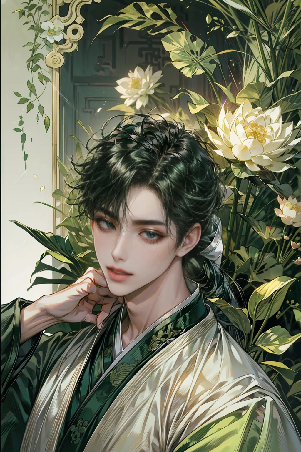 (((best quality))),masterpiece,ultra high resolution,extraordinarily beautiful youth, a bright, villains smile,All green clothing,((boy 24 year old, green hanfu,green clothing, Chinese shirt style)) ,boy character ,((Thick black long hair)),beautiful face,detailed interior, detailed boy,((man)),(in bamboo forest), house China style, pure white lotus,beautiful and cute boy ,black eyes,((solo man)),(he has a Big eyes, charming lips, slim nose and small face),(slim figures ),ponytail and 冠, Hiogi fan,Japanese fan ,very long hair, thick hair, black hair ,eyes detailed,hand model,