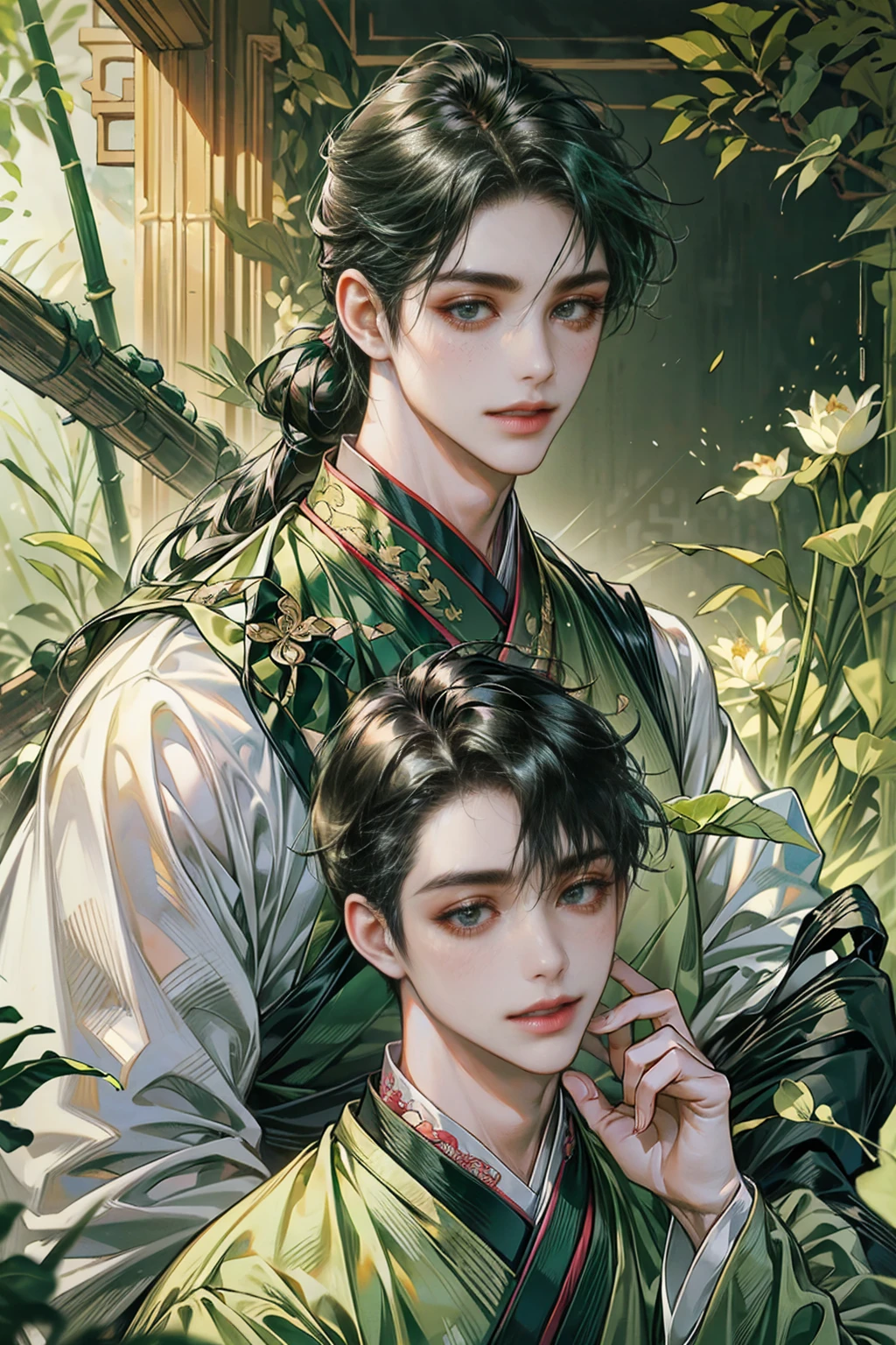 (((best quality))),masterpiece,ultra high resolution,extraordinarily beautiful youth, a bright, villains smile,All green clothing,((boy 24 year old, green hanfu,green clothing, Chinese shirt style)) ,boy character ,((Thick black long hair)),beautiful face,detailed interior, detailed boy,((man)),(in bamboo forest), house China style, pure white lotus,beautiful and cute boy ,black eyes,((solo man)),(he has a Big eyes, charming lips, slim nose and small face),(slim figures ),ponytail and 冠, Hiogi fan,Japanese fan ,very long hair, thick hair, black hair ,eyes detailed,hand model,