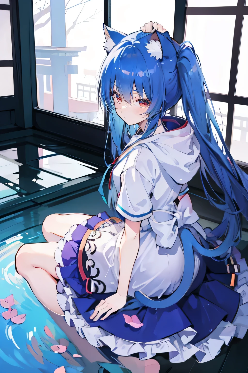 （masterpiece：1.2），Super detailed，lifelike，Expressive eyes，fair skin，perfect face shape，1 girl，
Japanese comics,Gorgeous blue hair,flowing blue hair,flowing clothes,Cat ears,Petals fall,beautiful lola,Baby Angel,
Shaking head with one hand，Cross your legs，Gentle and peaceful background，The pavilion is cool and comfortable,smile, wearing hoodie, background of tokyo,back views, winter,lie on the water。