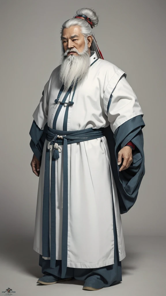 Oriental、Old man in plain white ancient Chinese costume、Ancient Chinese hairstyle old man、Highest quality、masterpiece、Ultra-high resolution、(Realistic:1.4)、Game Poster、Crisp and beautiful image quality、Gray Hair、white and long beard,,(whole body)、Dragging the hem、