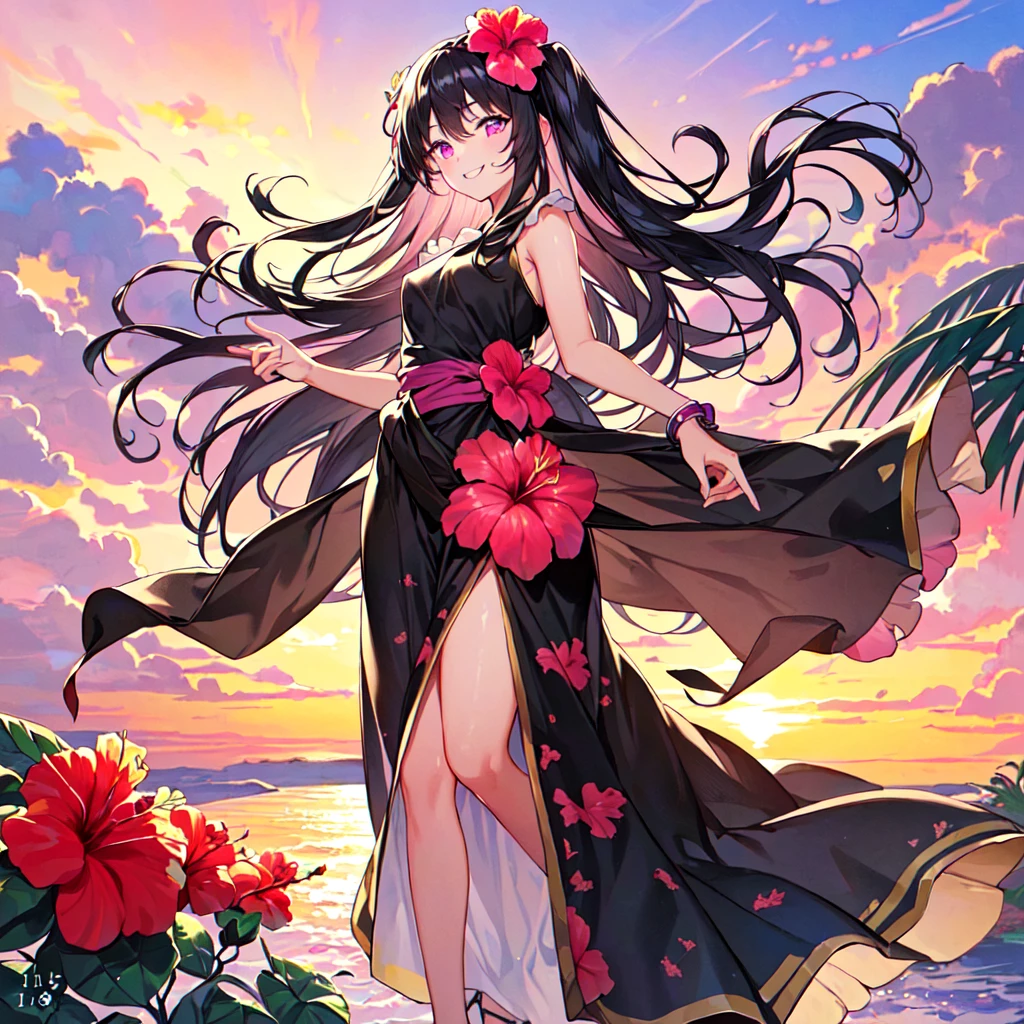 masterpiece, best quality, high quality, extremely detailed, very delicate and beautiful, (1 female 18 years old solo:1.5), (long black hair up to waist with two side up:1.5), bangs to eyebrows, eyes (eyes sharp and strong with glossy glossy eyes, eyebrows glossy, (eye color magenta:1.3), 6.5 head height, (long dress with hibiscus print:1.3), (standing), (smiling), (dynamic pose), (background tropical and hibiscus:1.3), (sunset:1.3)