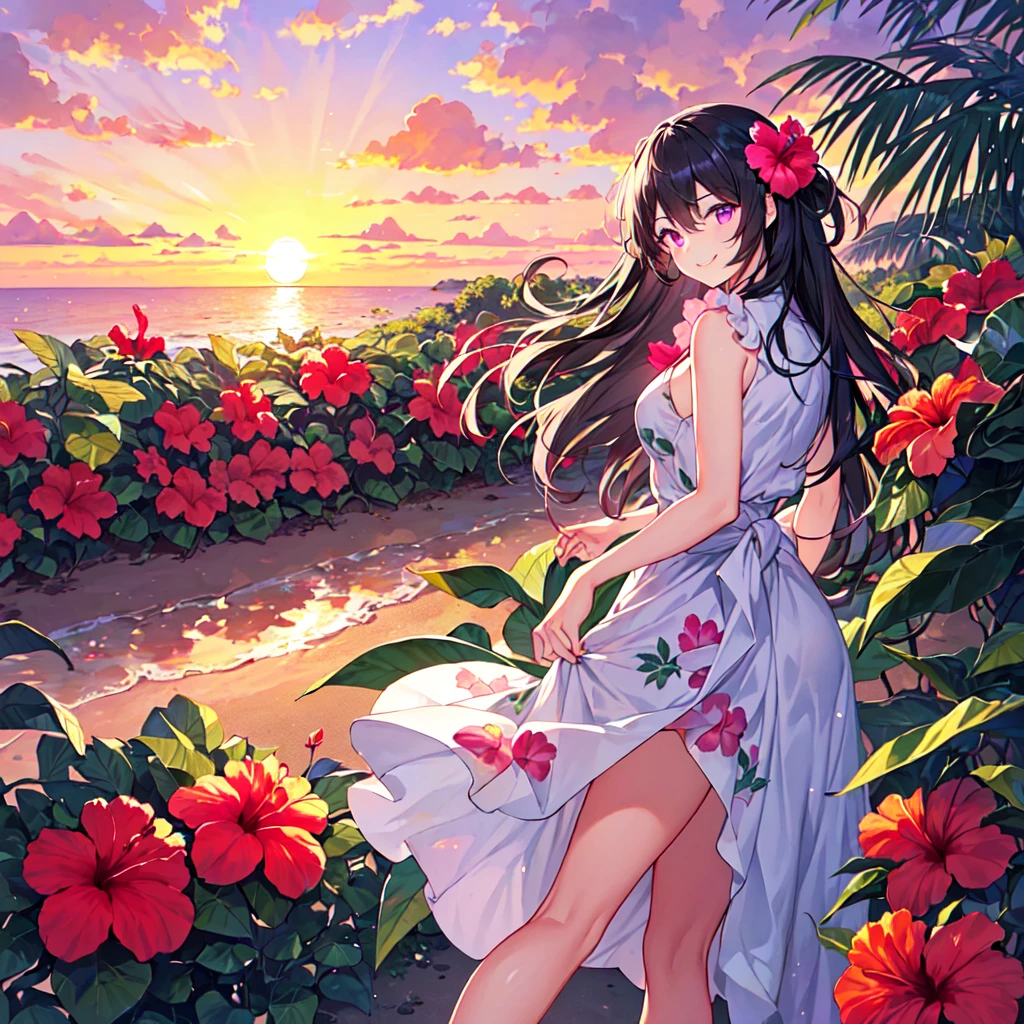 masterpiece, best quality, high quality, extremely detailed, very delicate and beautiful, (1 female 18 years old solo:1.5), (long black hair up to waist with two side up:1.5), bangs to eyebrows, eyes (eyes sharp, strong glossy glossy eyes, eyebrows glossy, (eye color magenta:1.3), 6.5 head height, (bikini swimsuit with hibiscus print:1.3), (floating on back in sea), (smiling), (dynamic pose), (background tropical sea:1.3), (sunset: 1.3)