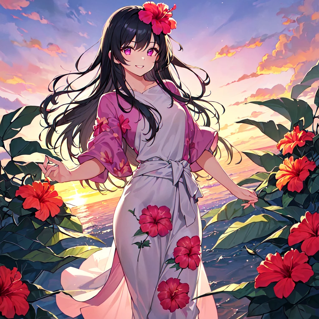 masterpiece, best quality, high quality, extremely detailed, very delicate and beautiful, (1 female 18 years old solo:1.5), (long black hair up to waist with two side up:1.5), bangs to eyebrows, eyes (eyes sharp and strong with glossy glossy eyes, eyebrows glossy, (eye color magenta:1.3), 6.5 head height, (long dress with hibiscus print:1.3), (standing), (smiling), (dynamic pose), (background tropical and hibiscus:1.3), (sunset:1.3)