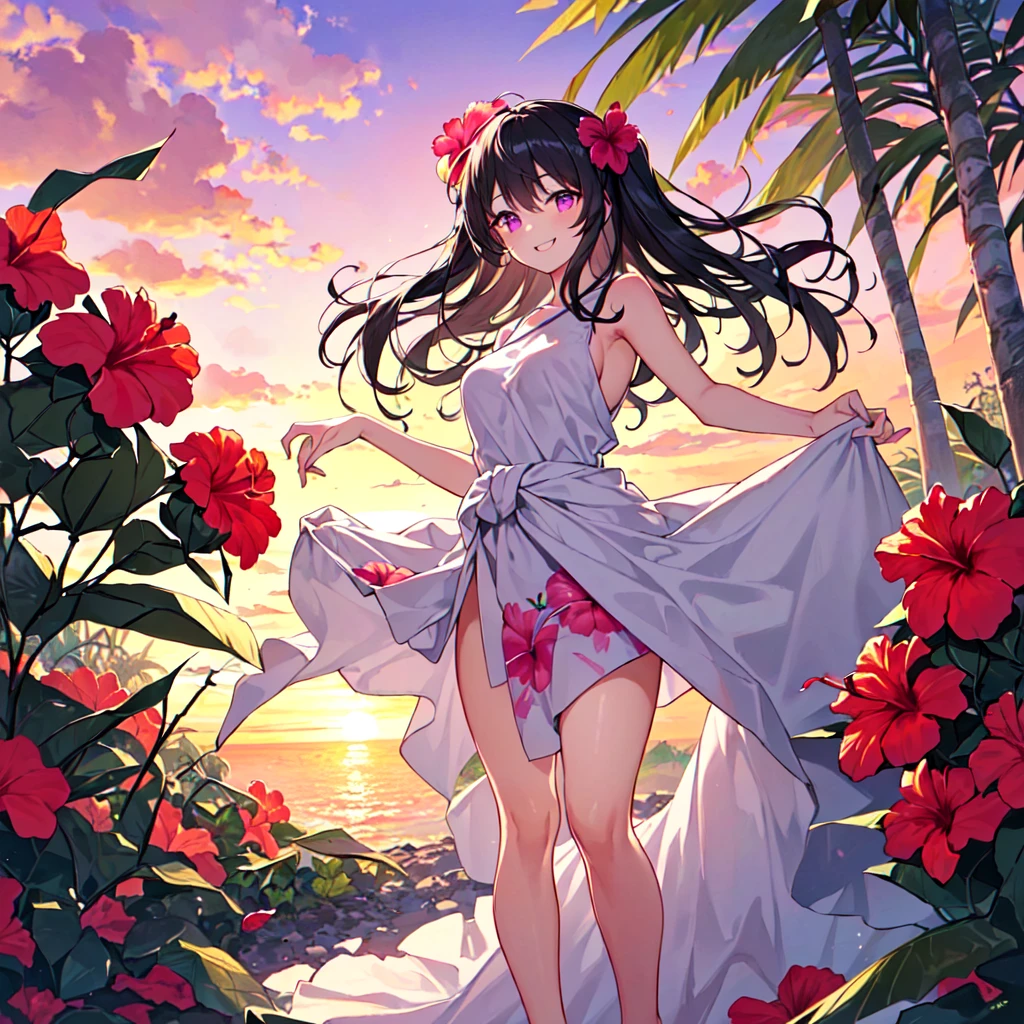 masterpiece, best quality, high quality, extremely detailed, very delicate and beautiful, (1 female 18 years old solo:1.5), (long black hair up to waist with two side up:1.5), bangs to eyebrows, eyes (eyes sharp and strong with glossy glossy eyes, eyebrows glossy, (eye color magenta:1.3), 6.5 head height, (long dress with hibiscus print:1.3), (standing), (smiling), (dynamic pose), (background tropical and hibiscus:1.3), (sunset:1.3)