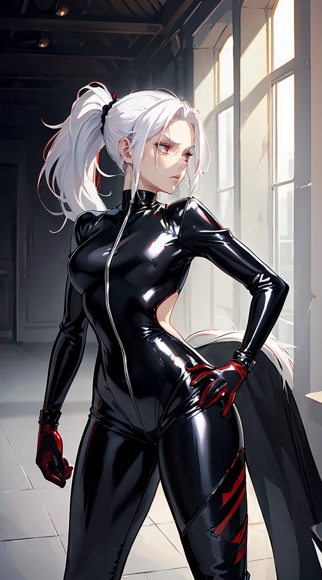 handsome older WOMAN，crimson-eyes，crimson pupils，Long white hair，Hyperresolution，accuracy，Detailed rendering，（Subtle facial image）（Image of fine hair）（topquality）（Masterpieces of masters）（High degree of completeness）（A sense of atmosphere）tmasterpiece，Super detailed and super detailed（half-body portrait)(((ANKLE LENGTH HAIR))) (((Sakimichan))) (((white hair))) (((Latex black fight outfit))) (((Hair in ponytail))) (((fierce expression))) (((skinny))) (((Latex black fight suit)))