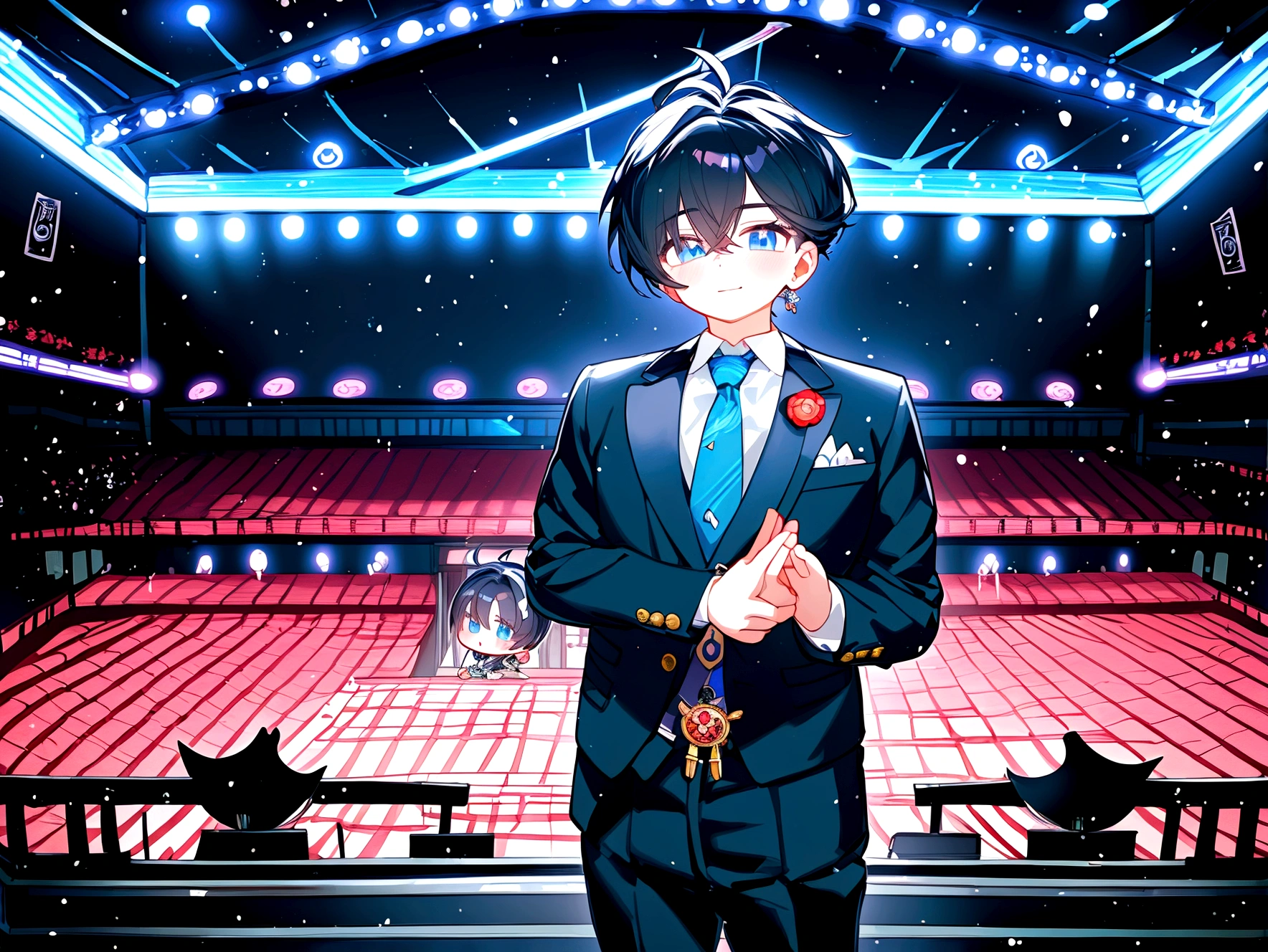 1boy, Anime figure in suit and tie standing in front of a stage, pretty anime pose, Big anime guy with blue eyes, Anime moe art style, in a strict suit, He's wearing a suit, Young Anime Man, inspired by Okumura Masanobu, inspired by Okumura Togyu, Anime handsome man, handsome guy in demon slayer art, Treble clef as earring, concert hall background, chibi, cute