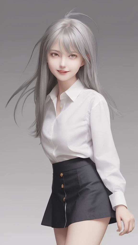 ((masterpiece, Highest quality)), (One girl), (alone), (Focus on women), (Ahoge, Gray Hair, Very long hair), Golden Eyes, Clear smile, Open your mouth, ((White shirt), (Buttoned shirt), (Gap Button)), ((Black Skirt), (Short skirt)), Are standing, White Background, Put your arms behind your back, Dynamic Angle